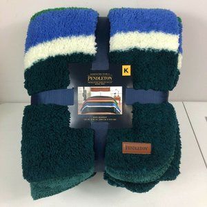 Pendleton Sherpa Fleece Blanket Evergreen Stripe King New 112 X 92 Inches Soft